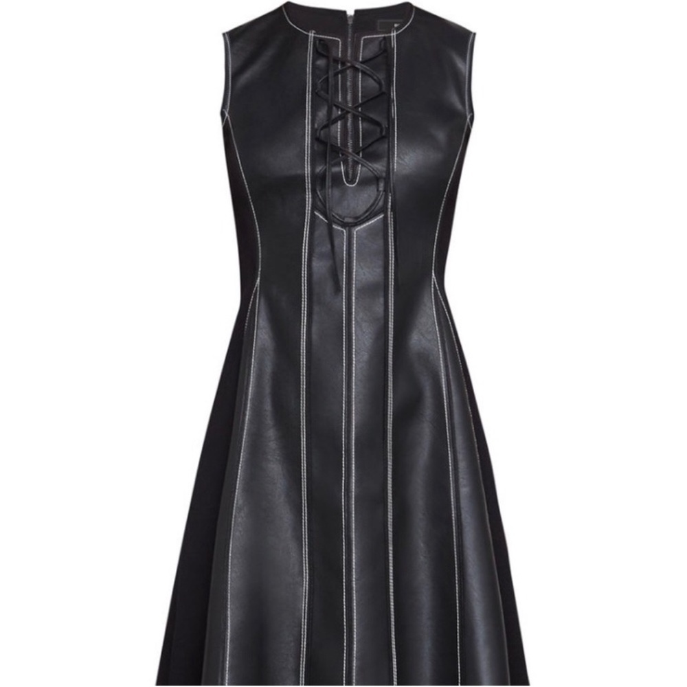 BCBGMaxAzria Black Faux Leather Midi Dress with Contrast Stitching